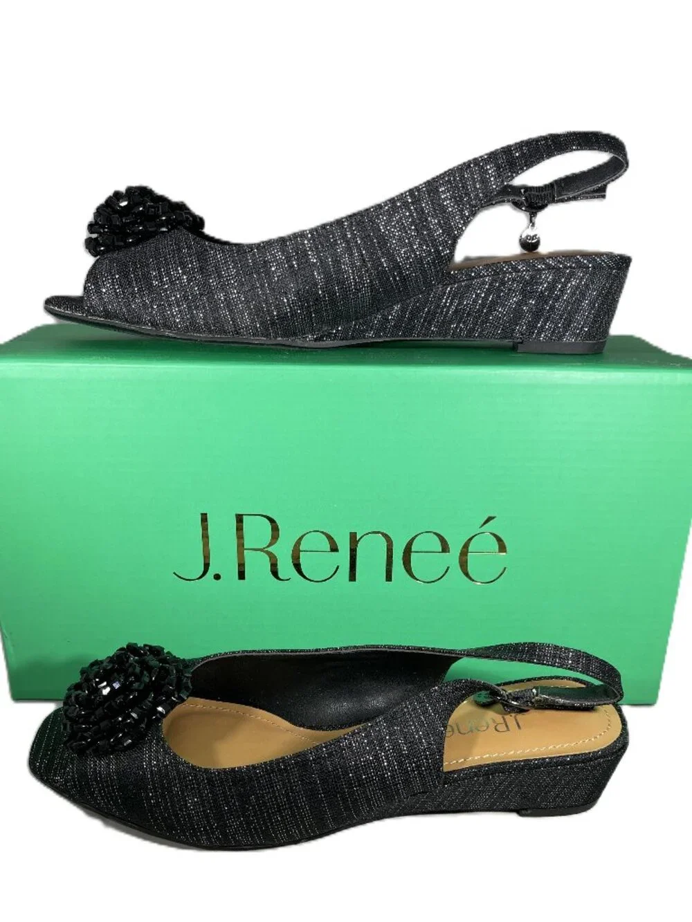 J. Renee NIB Women's Black DONALDA Slingback Wedge Shoe, Size 8.5M